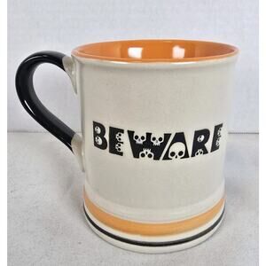 Beware Bat Skull Halloween Tan Orange Coffee Tea Mug Stoneware 2018 Spooky